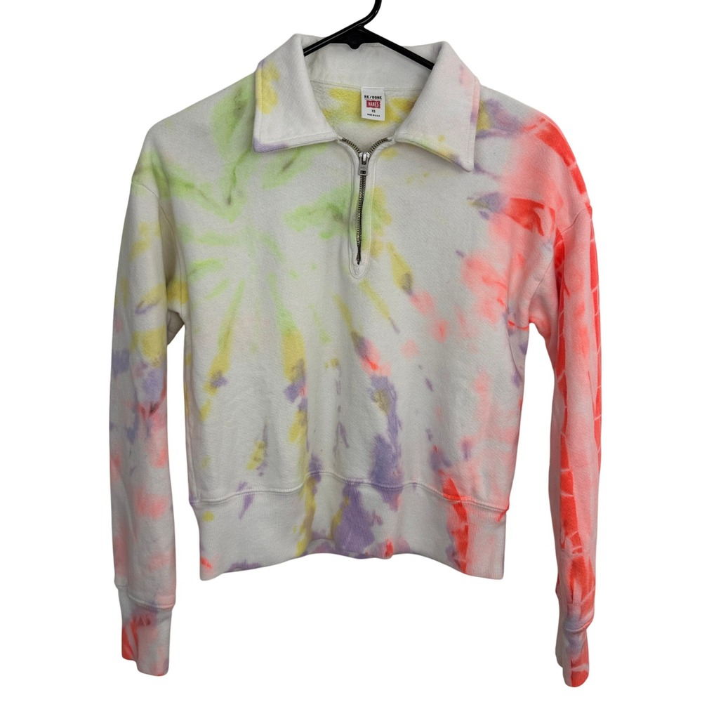 RE/DONE Sweatshirt Womens XS White Neon Space Dye Quarter Zip Pullover Hanes